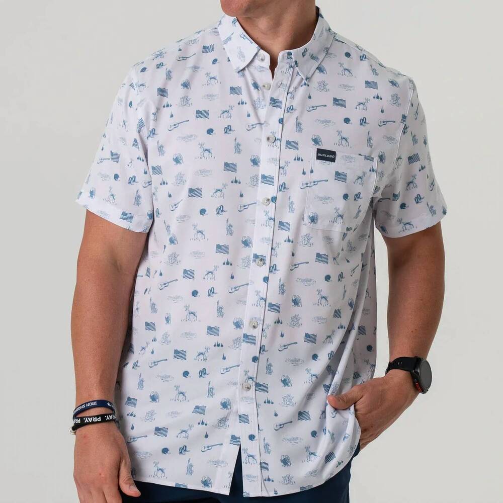 NEW BURLEBO performance button up shirt in america the great